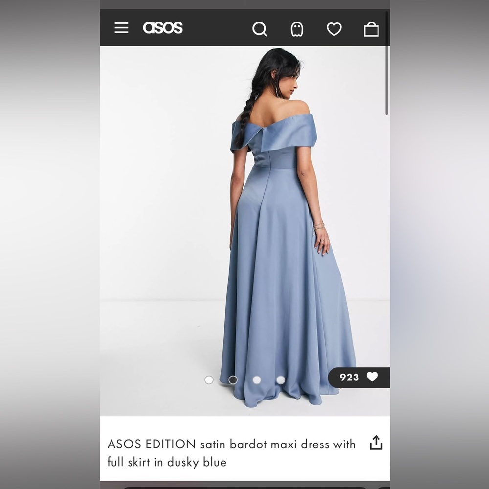 Asos edition satin bardot maxi dress with full skirt in dusky blue size 4 & 6 - Picture 2 of 4